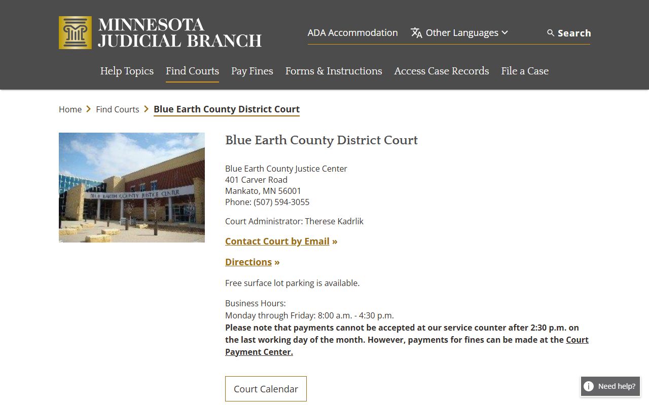 MN Courts Blue Earth County page for traffic ticket records