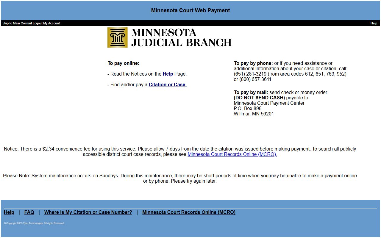 Court Web Payment system for paying Minnesota traffic ticket records online