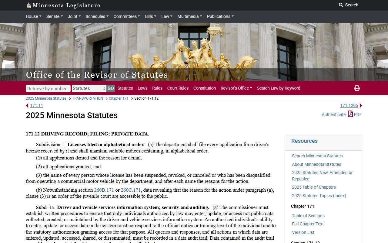 Minnesota driving records statute Section 171.12 governing traffic ticket record retention