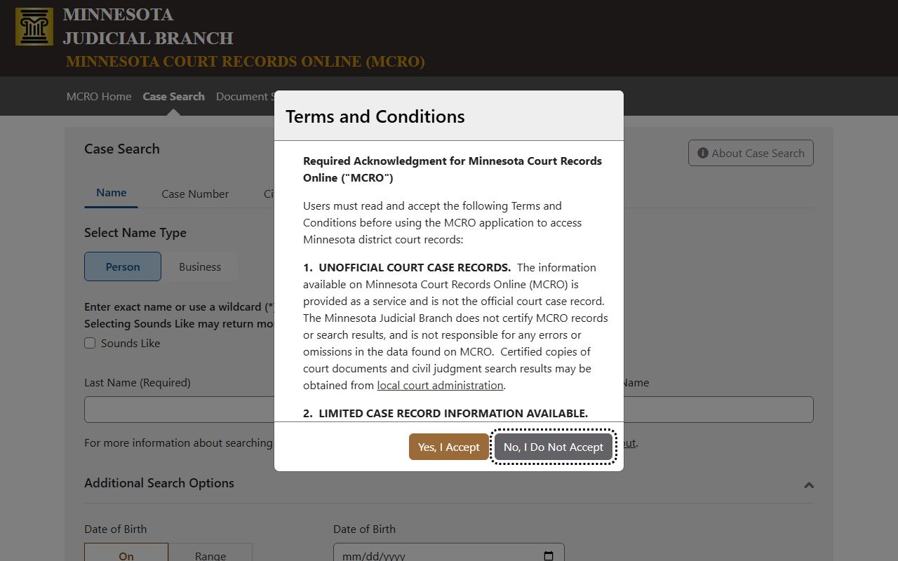 MCRO case search portal for looking up Minnesota traffic ticket records