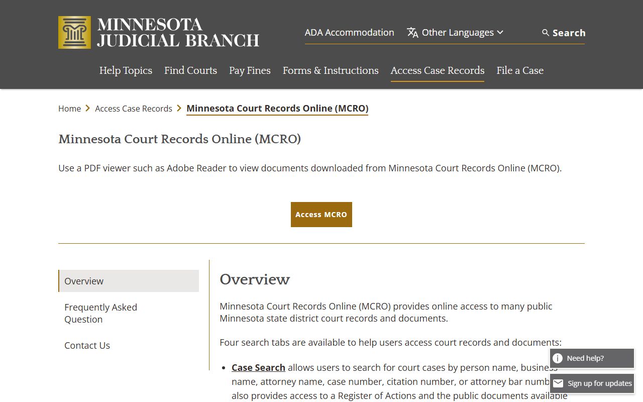 Minnesota Court Records Online information page for traffic ticket record access