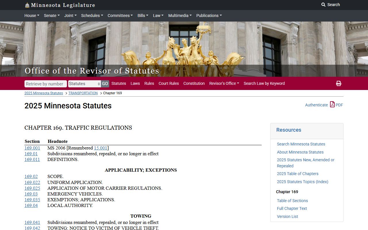 Minnesota Statutes Chapter 169 traffic regulations page for traffic ticket records