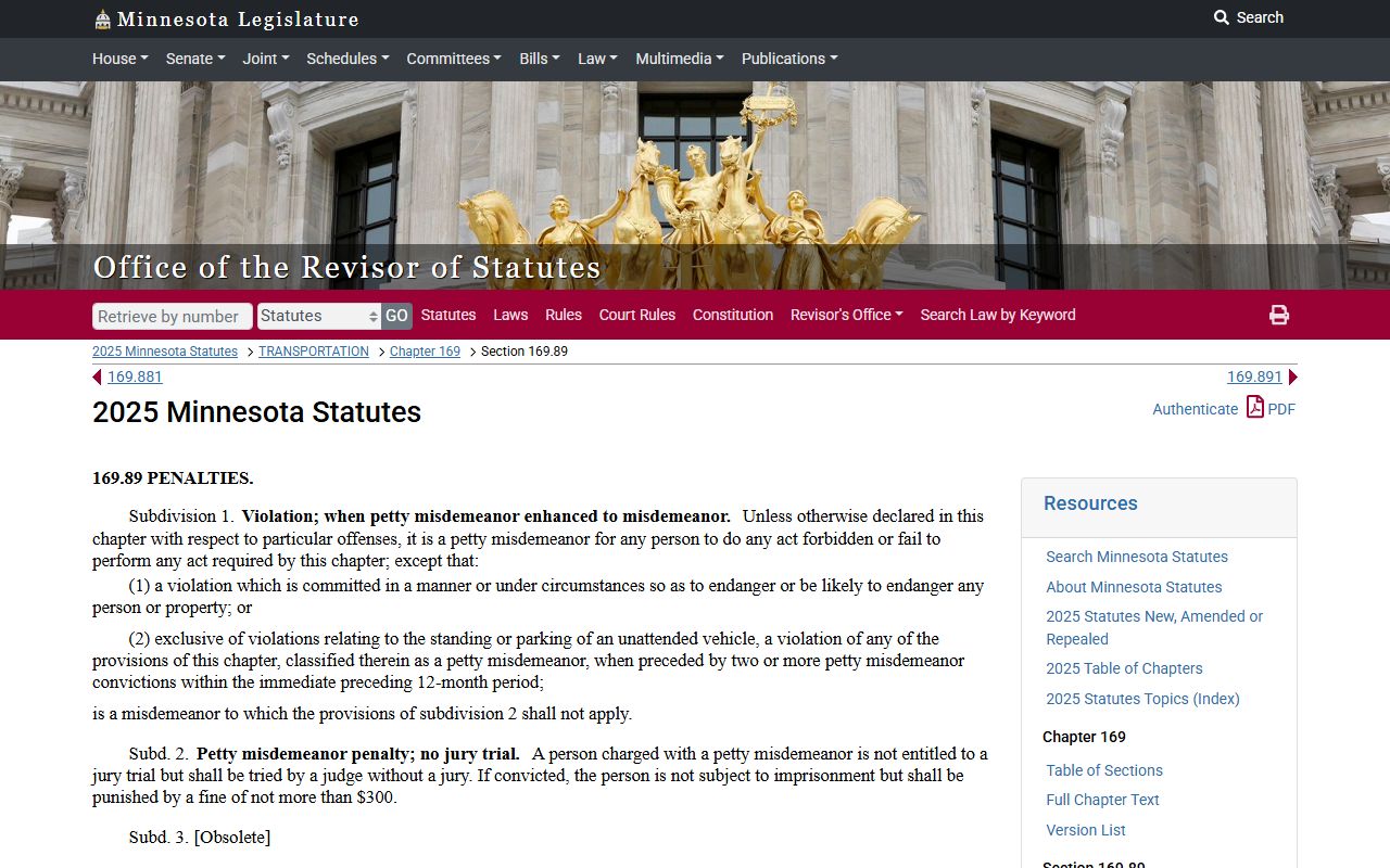 Minnesota traffic penalties statute Section 169.89 governing traffic ticket records and fines